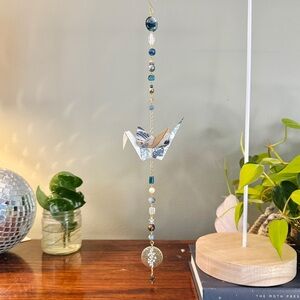 Origami Ornament #2383 - Large Crane with Repurposed Pendant